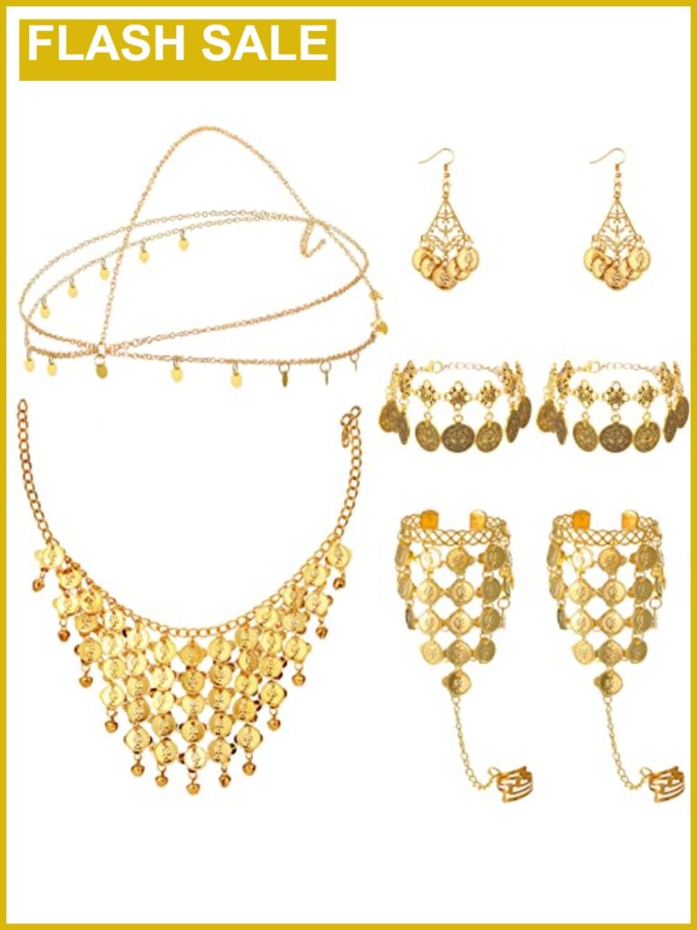 Gold Belly Dance Jewelry Set Coins Necklace Earrings Bracelets Bohemian